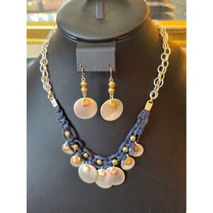 Chico's Gold Tone Blue Beaded Mother of Pearl Coin Jewelry Set